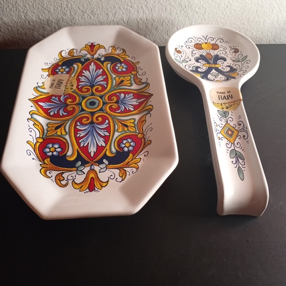 GORGEOUS Nova Deruta Made in Italy 6"x11" Platter & 11" Spoon Rest Set of 2. - Picture 1 of 8